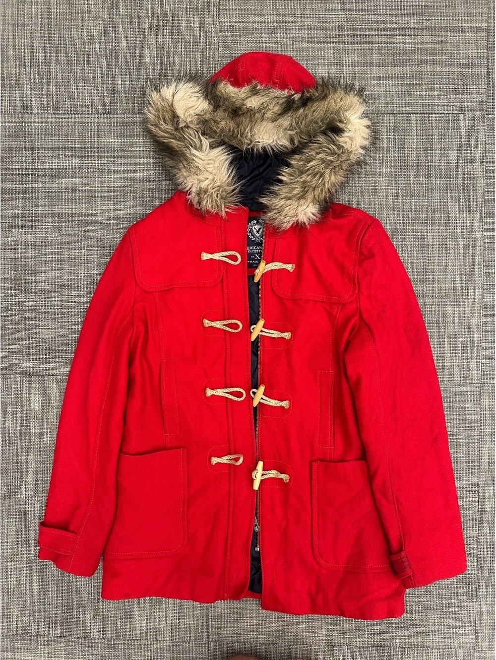 Vtg 90s Y2K American Eagle Womens S Red Wool Blend Toggle Button Fur Hood Jacket